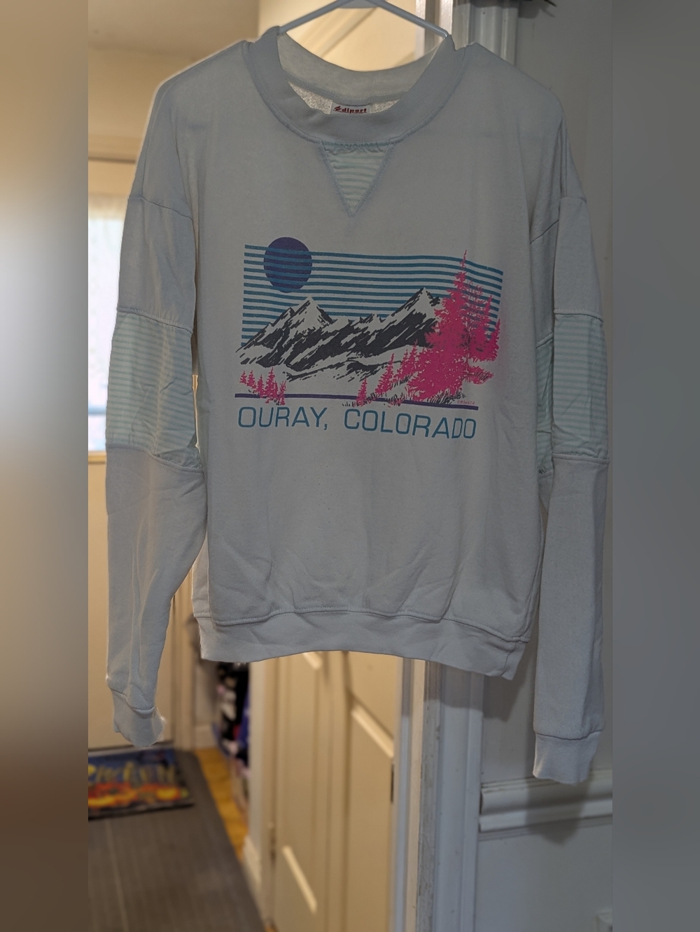 Vintage Ouray, Colorado Graphic Crewneck Sweatshirt - Light Blue with Pink Trees